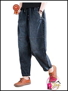 Women's Baggy Harem Jeans Elastic Waist Cotton Wide Leg Pants